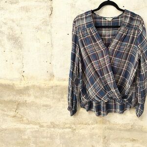 Max Studio Blue Plaid Wrap Blouse